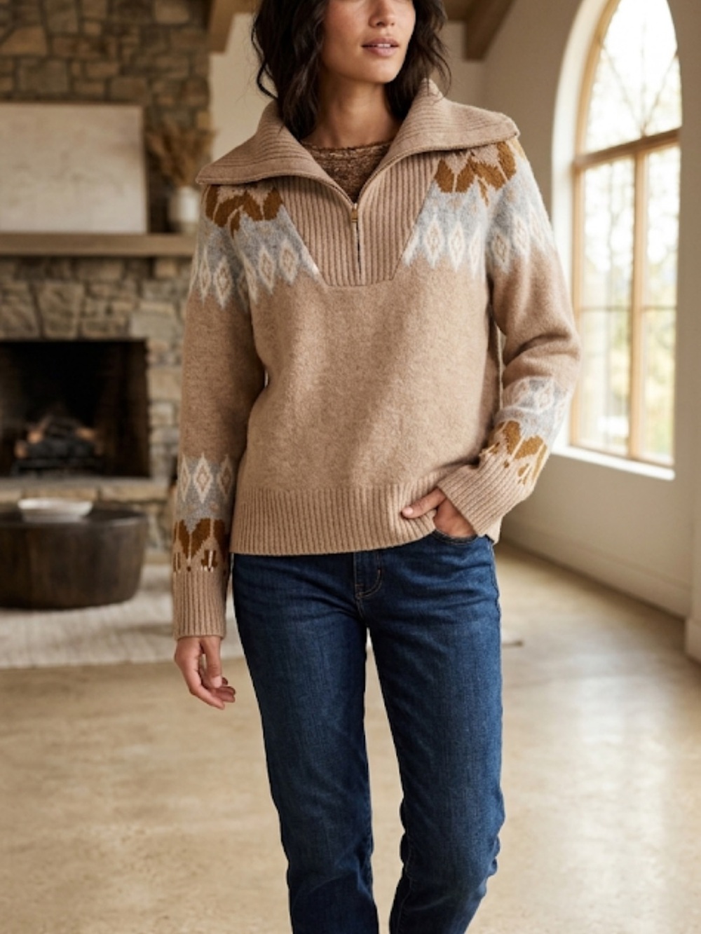Mia & Tess Fair Isle Chunky Ribbed Collar Knit Sweater Size L